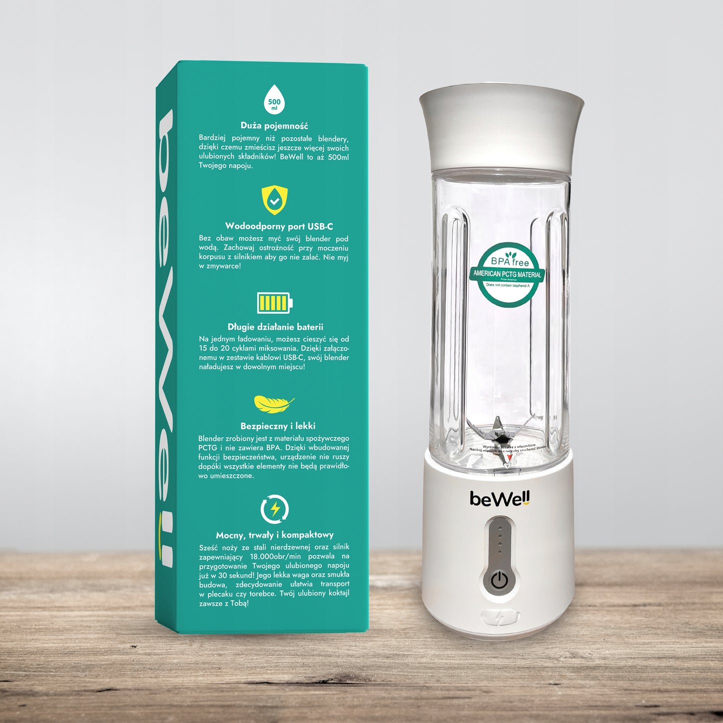Pārnēsājams bezvadu blenderis beWell USB 500ml – jaudīgs kokteiļu blenderis