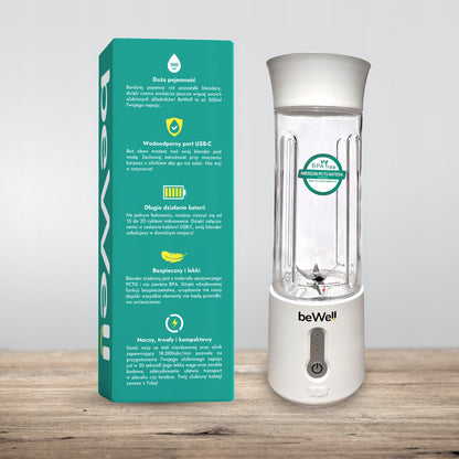 Pārnēsājams bezvadu blenderis beWell USB 500ml – jaudīgs kokteiļu blenderis