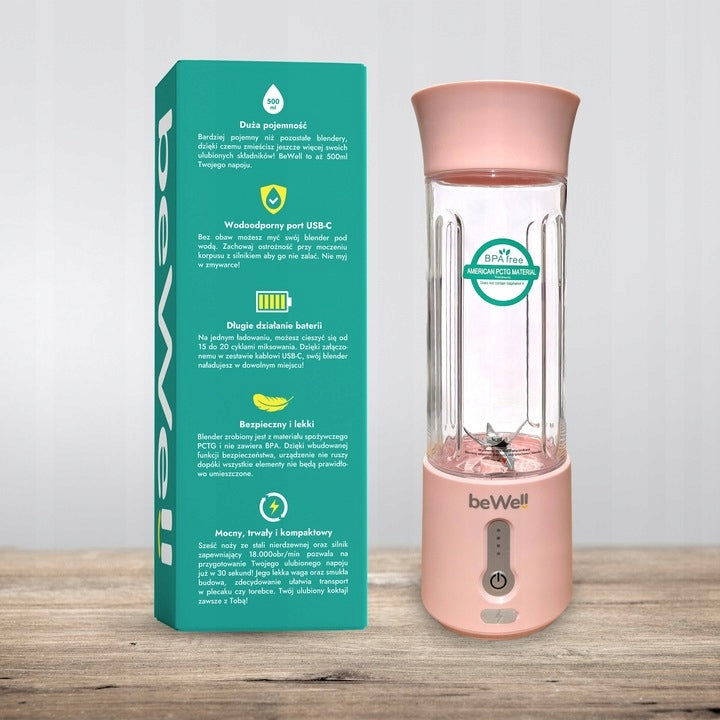 Bezvadu ceļojumu blenderis beWell 500 ml ar USB uzlādi – jaudīgs un kompakts