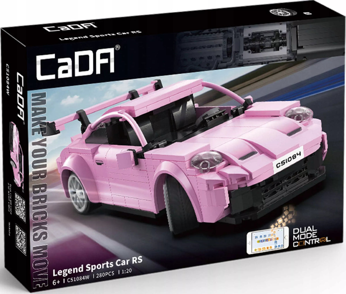 CADA Konstruktoriaus rinkinys: Sportinio automobilio modelis "Legend Sport", Rožinis, RC, Dvigubo režimo, 280 elementų