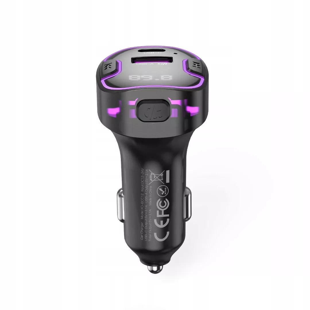 Juodas „XO FM BCC12 Bluetooth“ siųstuvas, MP3 grotuvas ir 3,1 A automobilinis įkroviklis