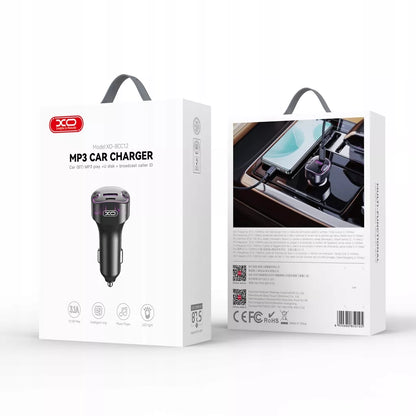 Juodas „XO FM BCC12 Bluetooth“ siųstuvas, MP3 grotuvas ir 3,1 A automobilinis įkroviklis