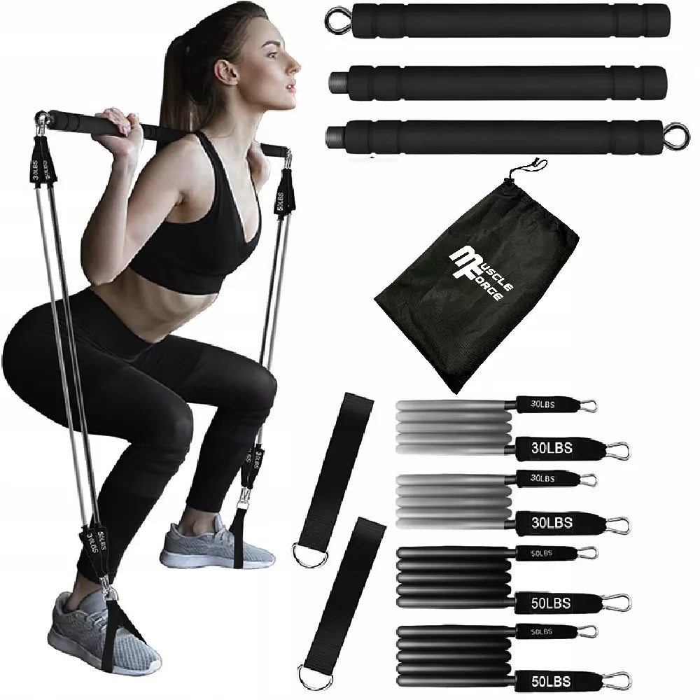 Fitness treniruočių lazda PILATES BAR + 4 pasipriešinimo gumos