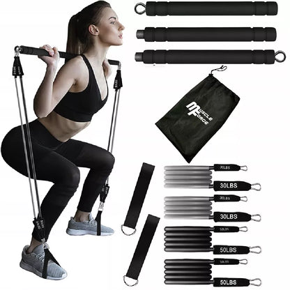 Fitness treniruočių lazda PILATES BAR + 4 pasipriešinimo gumos