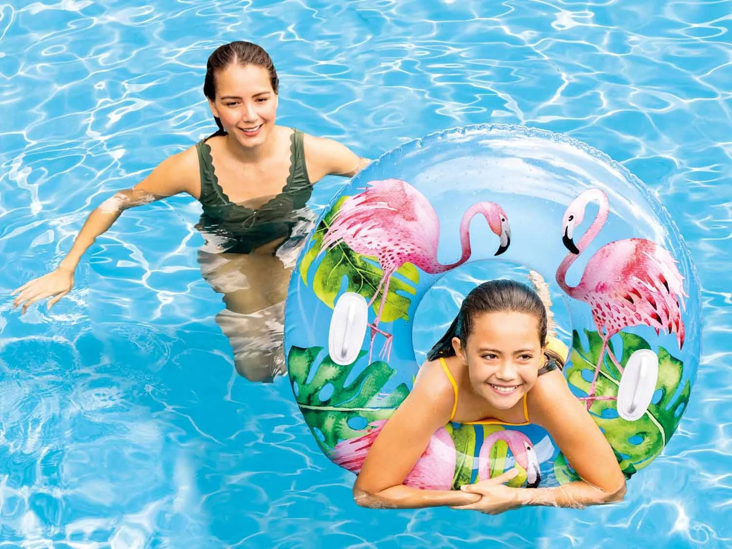 Pripučiama gelbėjimo plūdurė INTEX su rankenomis baseinui ir ežerui, ROŽINIS FLAMINAS 97CM