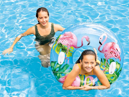 Pripučiama gelbėjimo plūdurė INTEX su rankenomis baseinui ir ežerui, ROŽINIS FLAMINAS 97CM