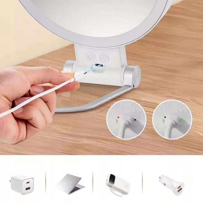 Didysis dvipusis 1X+10X LED apšviestas kosmetinis veidrodis makiažui AKU