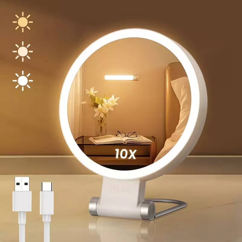 Didysis dvipusis 1X+10X LED apšviestas kosmetinis veidrodis makiažui AKU