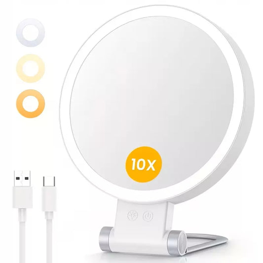 Didysis dvipusis 1X+10X LED apšviestas kosmetinis veidrodis makiažui AKU