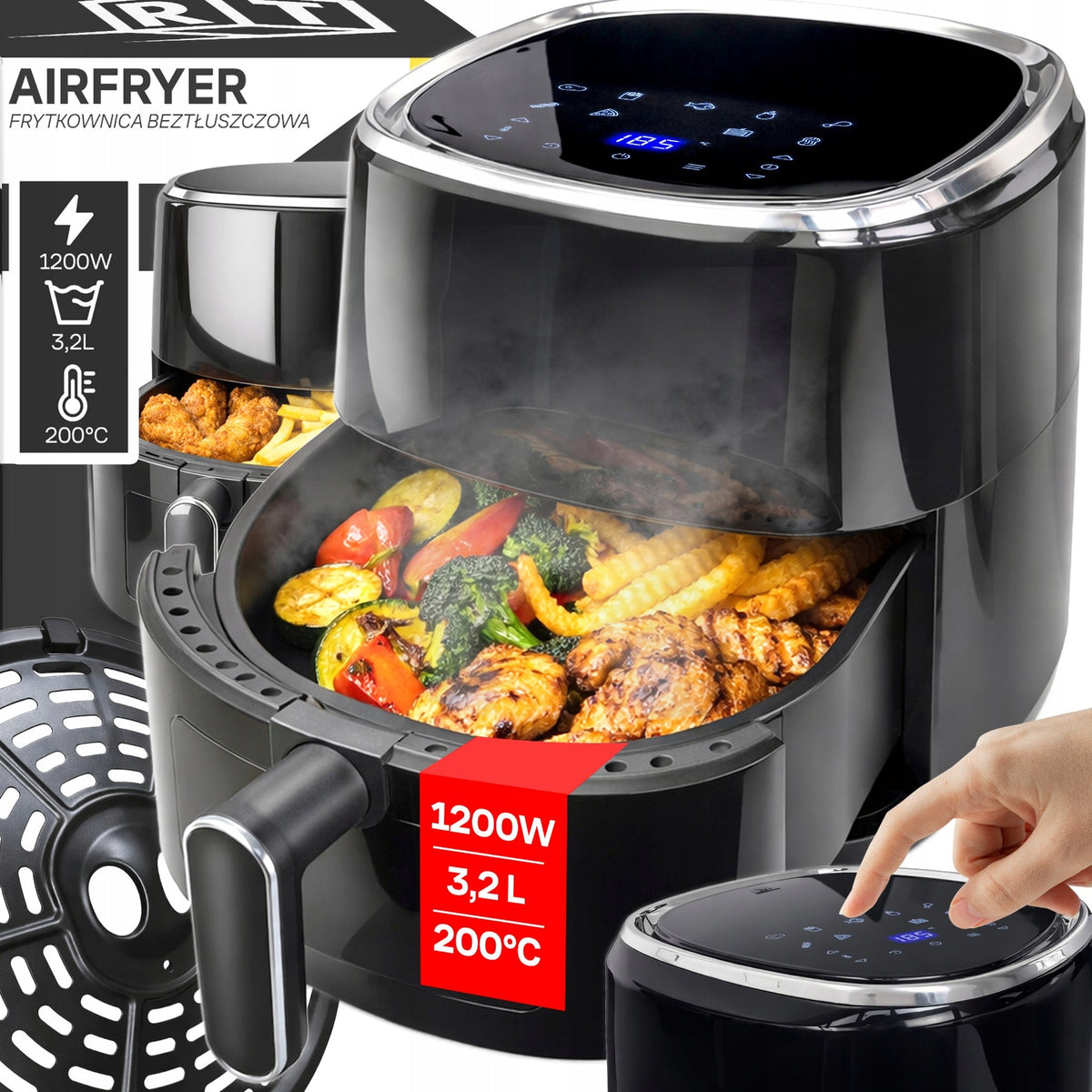 Bezeļļa gaisa fritieris-cepeškrāsns 3,2L, 1200W, 10 programmas