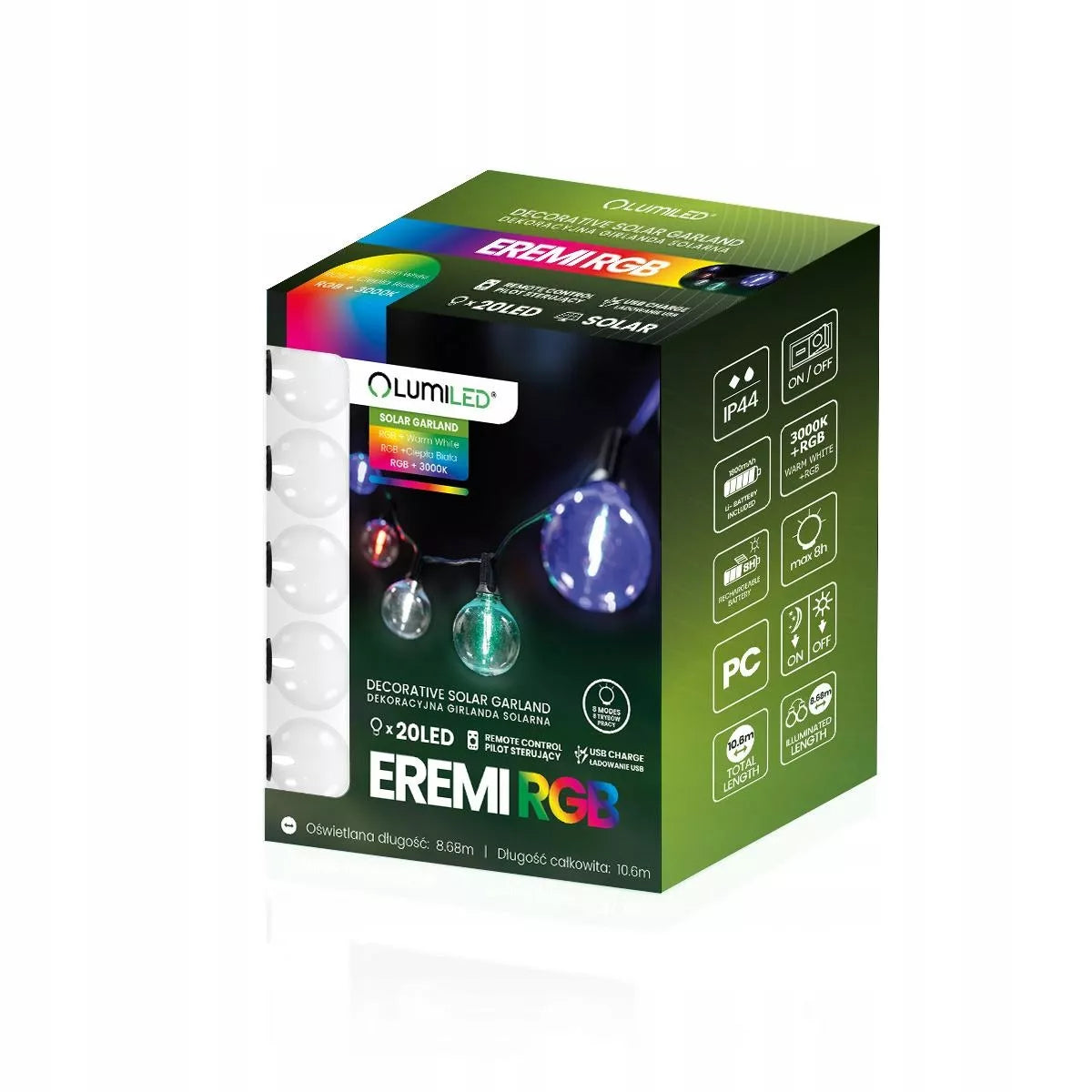 Sodinė girlianda su saulės energija, 20 LED, 10,6 m, RGB, šilta, dekoratyvinė