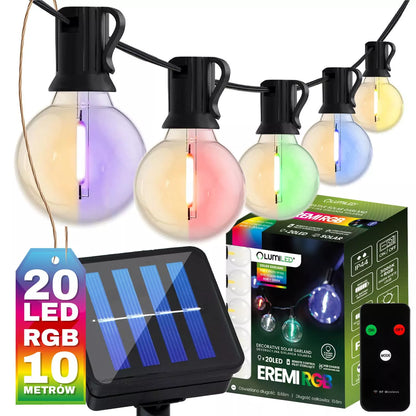 Sodinė girlianda su saulės energija, 20 LED, 10,6 m, RGB, šilta, dekoratyvinė