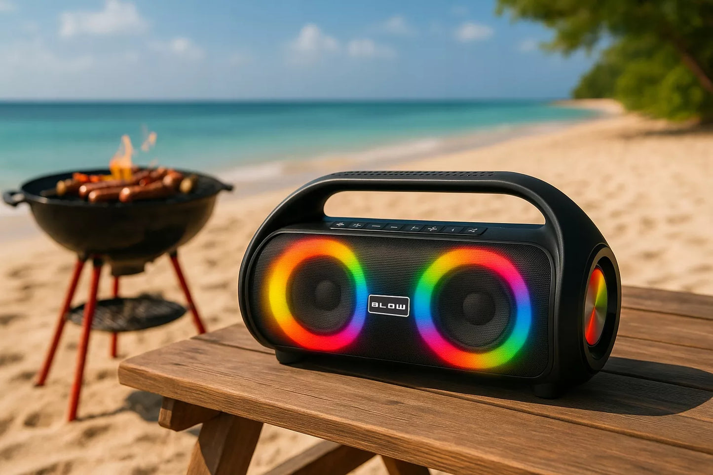 Nešiojamas belaidis vandeniui atsparus IPX5 Bluetooth garsiakalbis su FM radiju, USB ir RGB