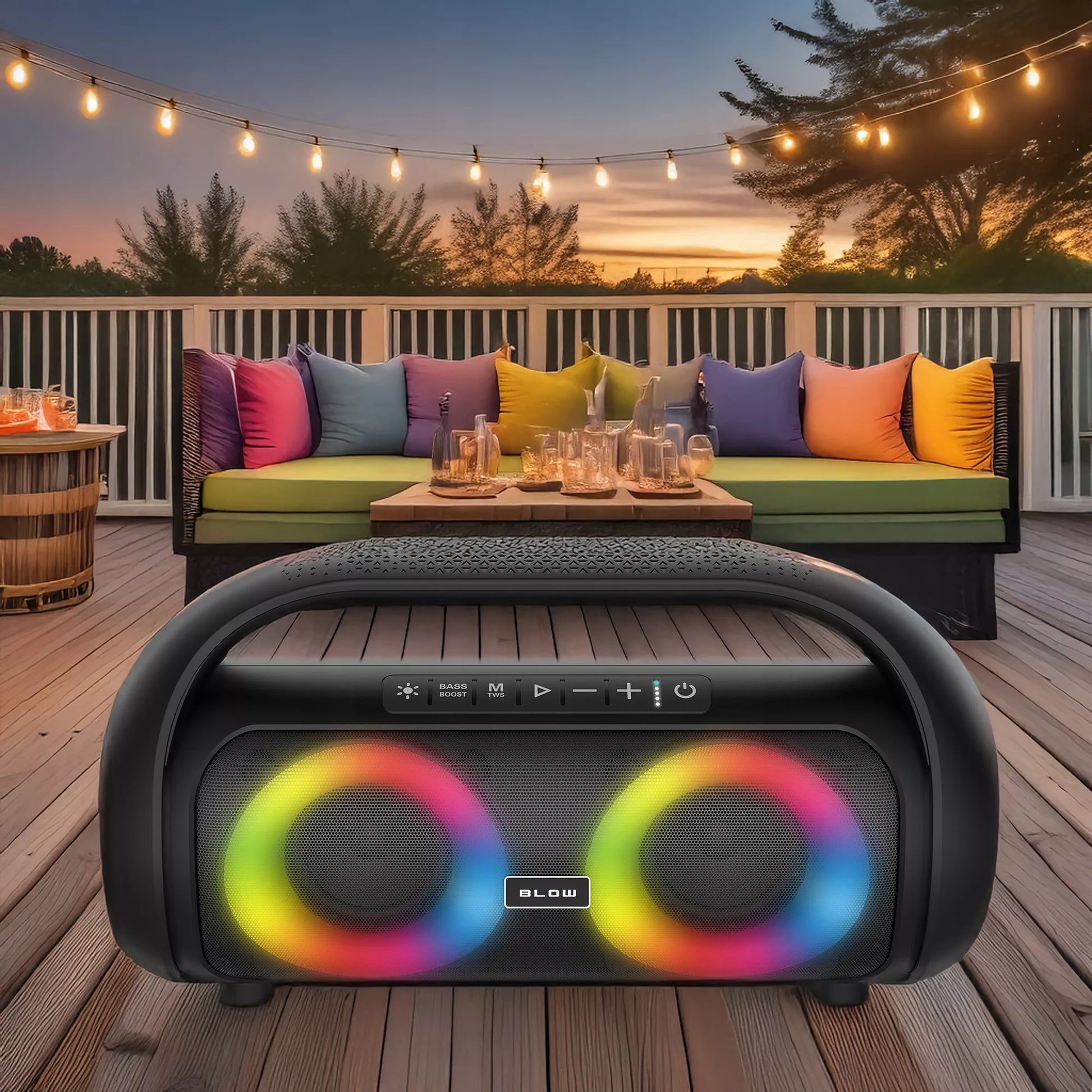 Nešiojamas belaidis vandeniui atsparus IPX5 Bluetooth garsiakalbis su FM radiju, USB ir RGB
