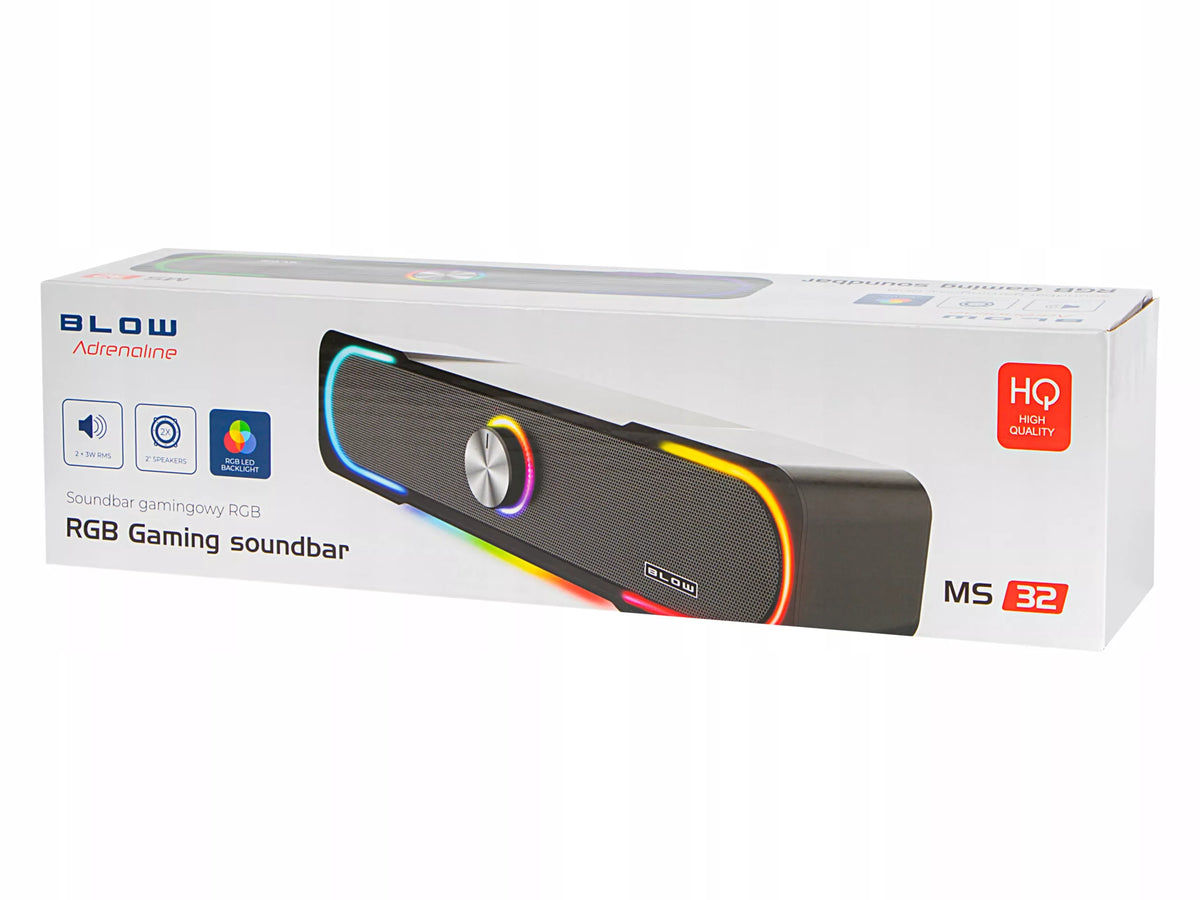 Žaidimų garso juosta (Soundbar) kompiuteriui, 3,5 mm Mini-Jack, AUX, USB, DC, RGB LED