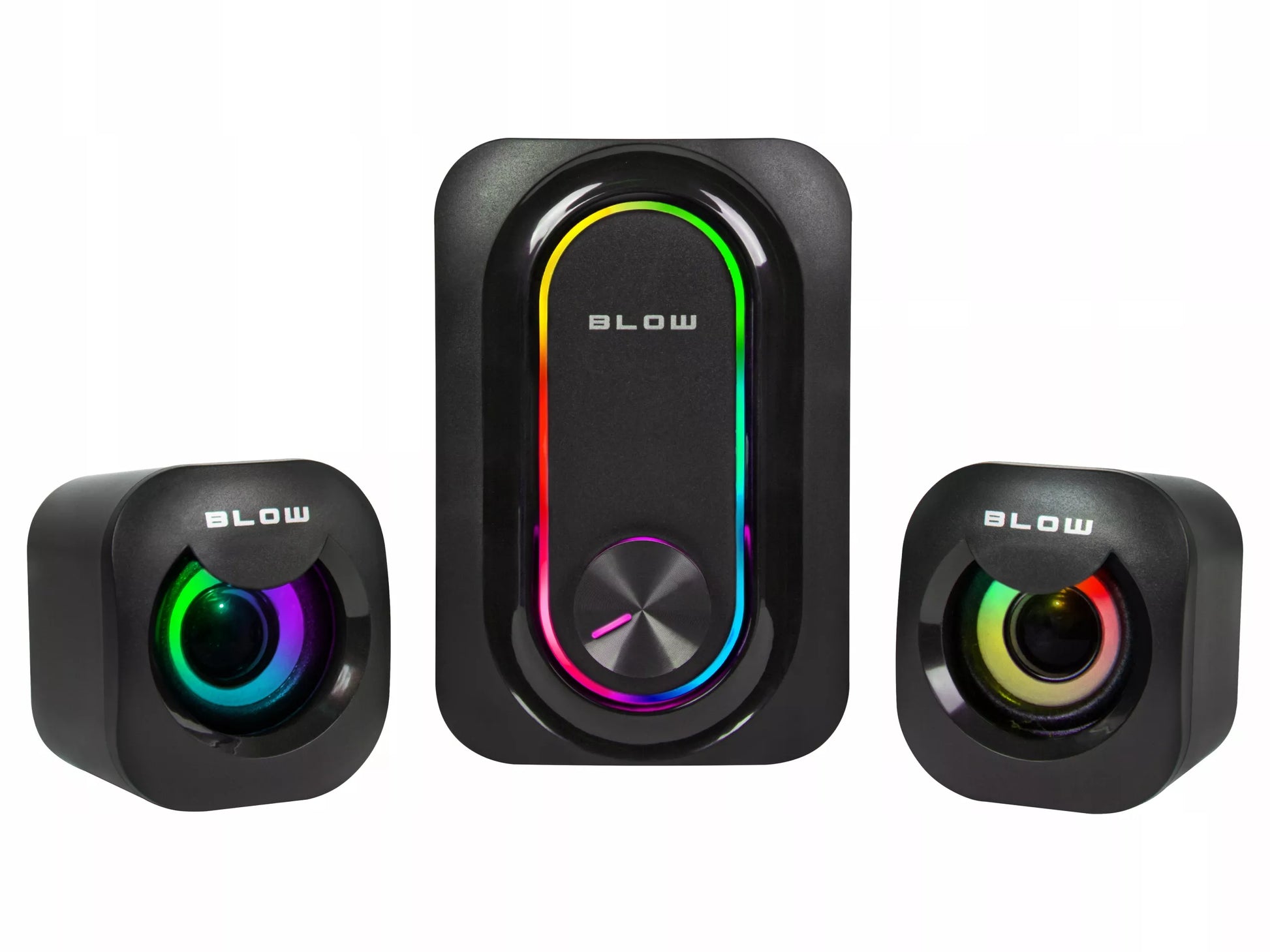 KOMPIUTERINĖS KOLONĖLĖS ŽAIDIMŲ 2.1 KOLONĖLIŲ RINKINYS RGB LED 2x 3W + ŽEMŲ DAŽNIŲ GALEKALNIS 5W