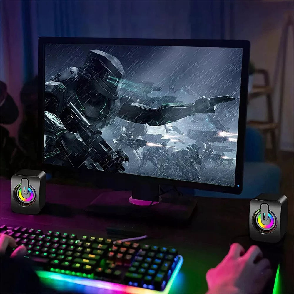 USB 2.0 KOMPIUTERINĖS GARSIAKALBĖS PC NEŠIOJAMAM KOMPIUTERIUI TELEVIZORIUI RGB LED AUX 2x