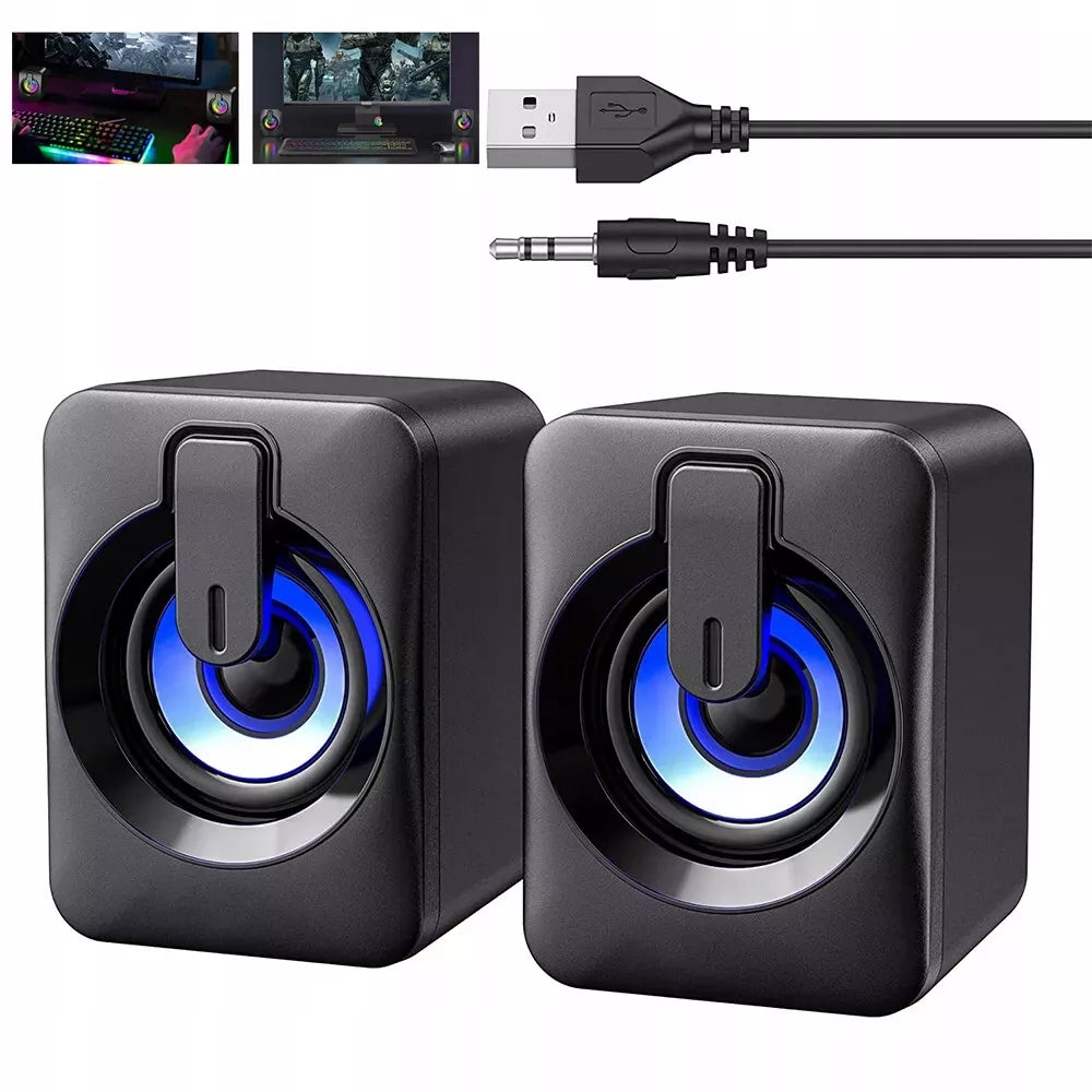USB 2.0 KOMPIUTERINĖS GARSIAKALBĖS PC NEŠIOJAMAM KOMPIUTERIUI TELEVIZORIUI RGB LED AUX 2x