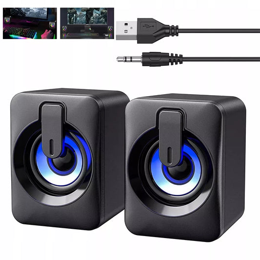 USB 2.0 KOMPIUTERINĖS GARSIAKALBĖS PC NEŠIOJAMAM KOMPIUTERIUI TELEVIZORIUI RGB LED AUX 2x