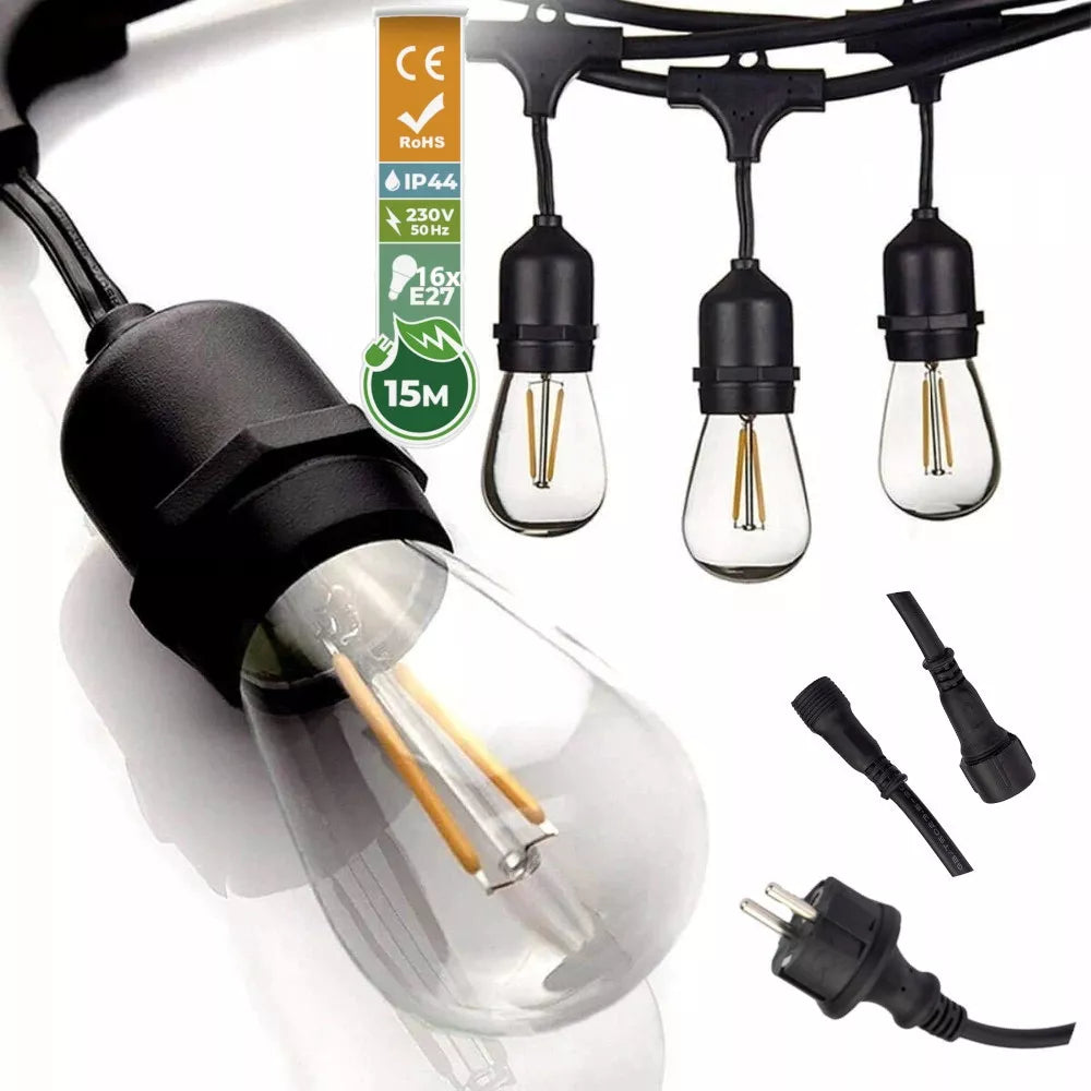 Sodo girlianda – šviesos grandinė 15 m, 15 × E27, komplektas su LED lemputėmis