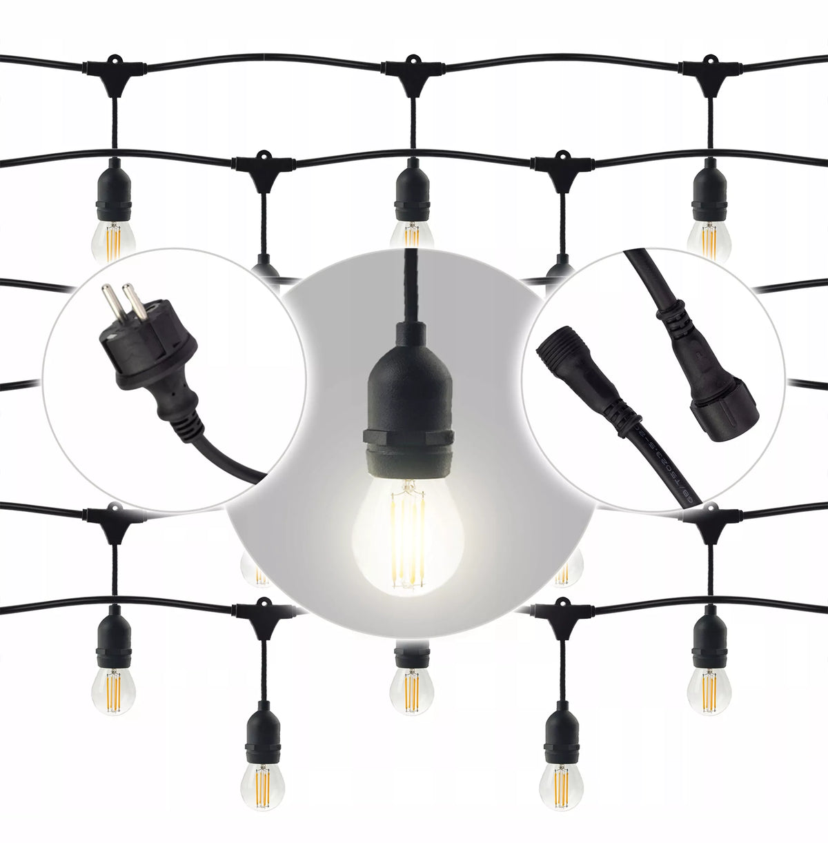 Sodo girlianda – šviesos grandinė 15 m, 15 × E27, komplektas su LED lemputėmis