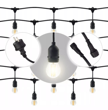 Sodo girlianda – šviesos grandinė 15 m, 15 × E27, komplektas su LED lemputėmis