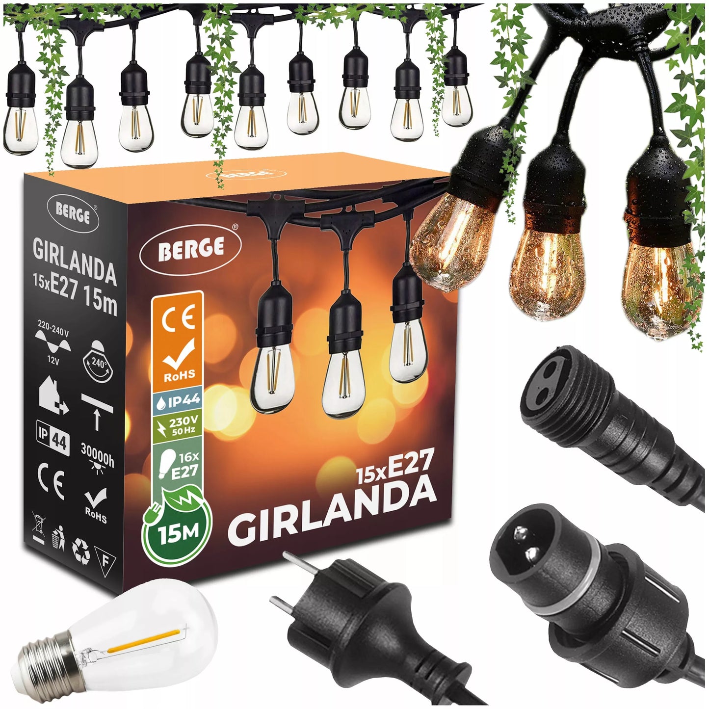Sodo girlianda – šviesos grandinė 15 m, 15 × E27, komplektas su LED lemputėmis