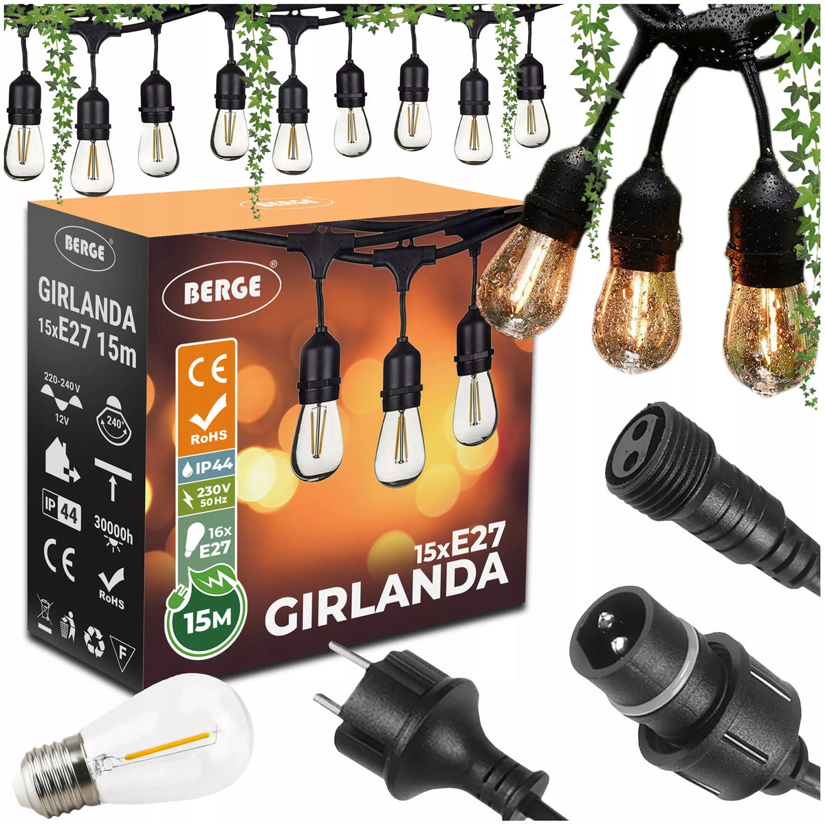 Sodo girlianda – šviesos grandinė 15 m, 15 × E27, komplektas su LED lemputėmis