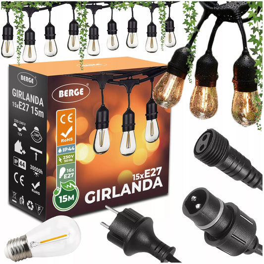 Sodo girlianda – šviesos grandinė 15 m, 15 × E27, komplektas su LED lemputėmis