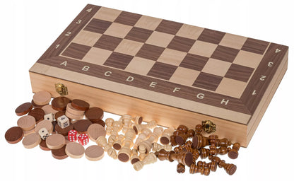 Žaidimas 3in1 Mediniai Turnyriniai Šachmatai 4 + Backgammon + Šaškės - 44 x 44 cm