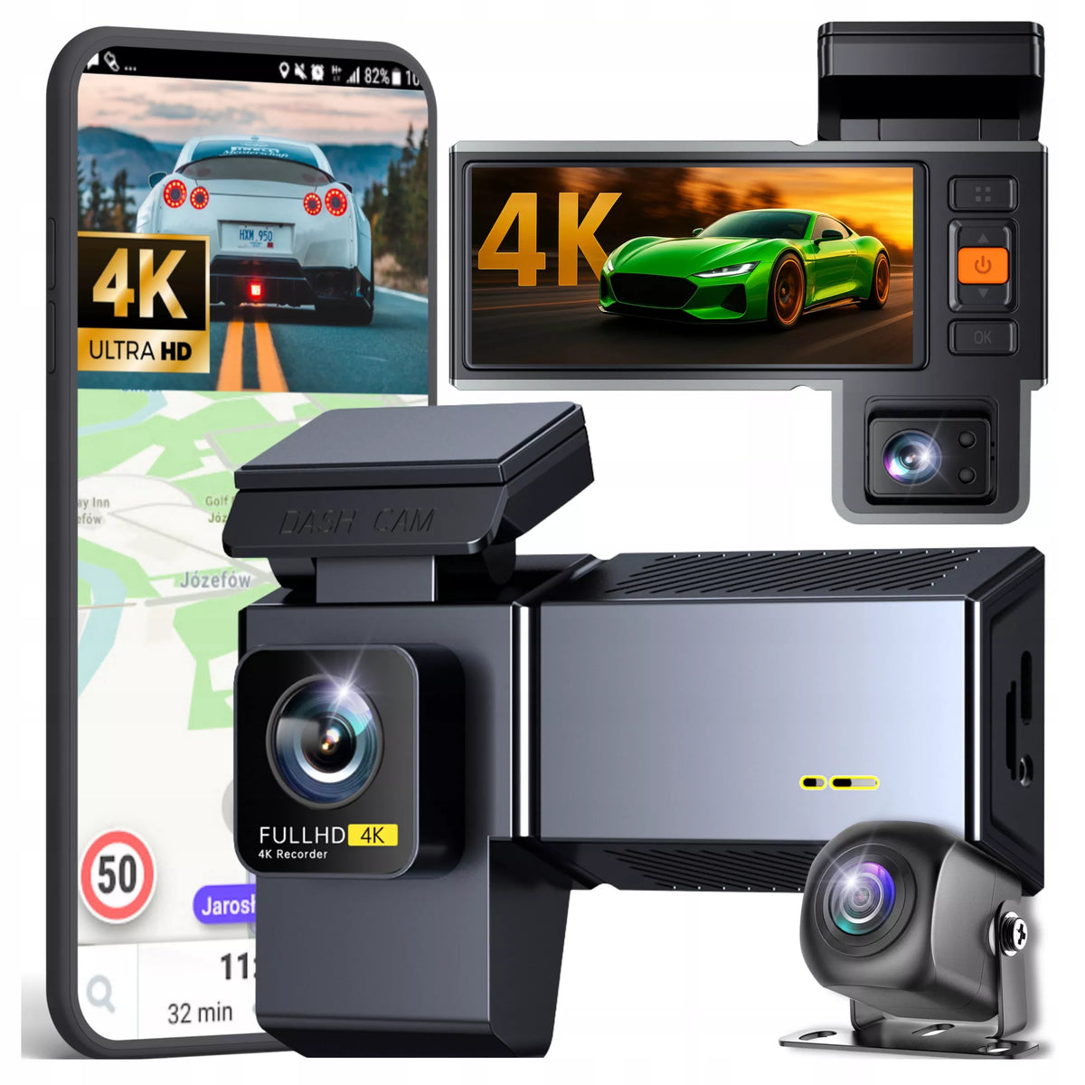 Automobilinė vaizdo kamera 3 kamerų vaizdo registratorius važiavimui 4K PL