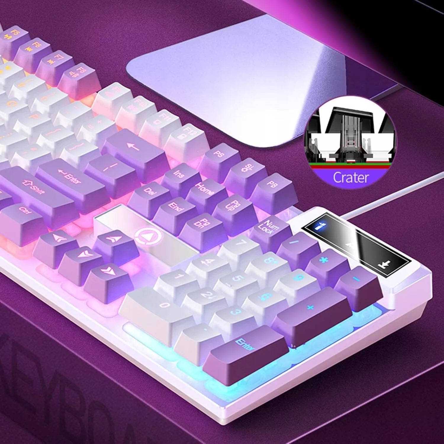 Mechaninė žaidimų klaviatūra su LED apšvietimu, violetinė