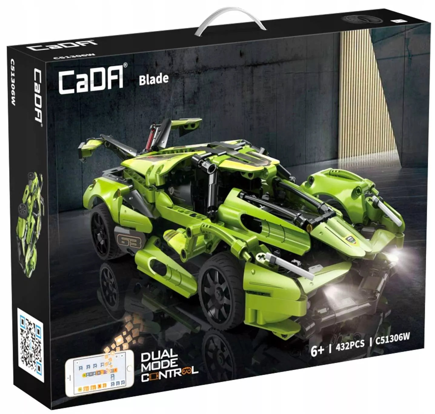 CADA statybiniai blokeliai, automobilis su nuotoliniu valdymu, BALDE, 432 elementai, RC dviejų režimų + LED