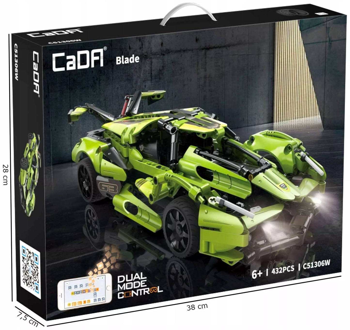CADA statybiniai blokeliai, automobilis su nuotoliniu valdymu, BALDE, 432 elementai, RC dviejų režimų + LED