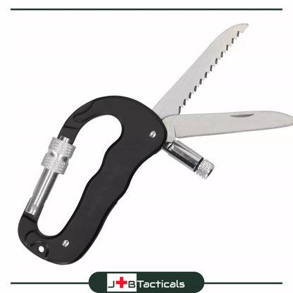 Daugiafunkcinis karabinas su peiliu, pjūklu, žibintuvėliu MULTITOOL 5in1 survivalinis