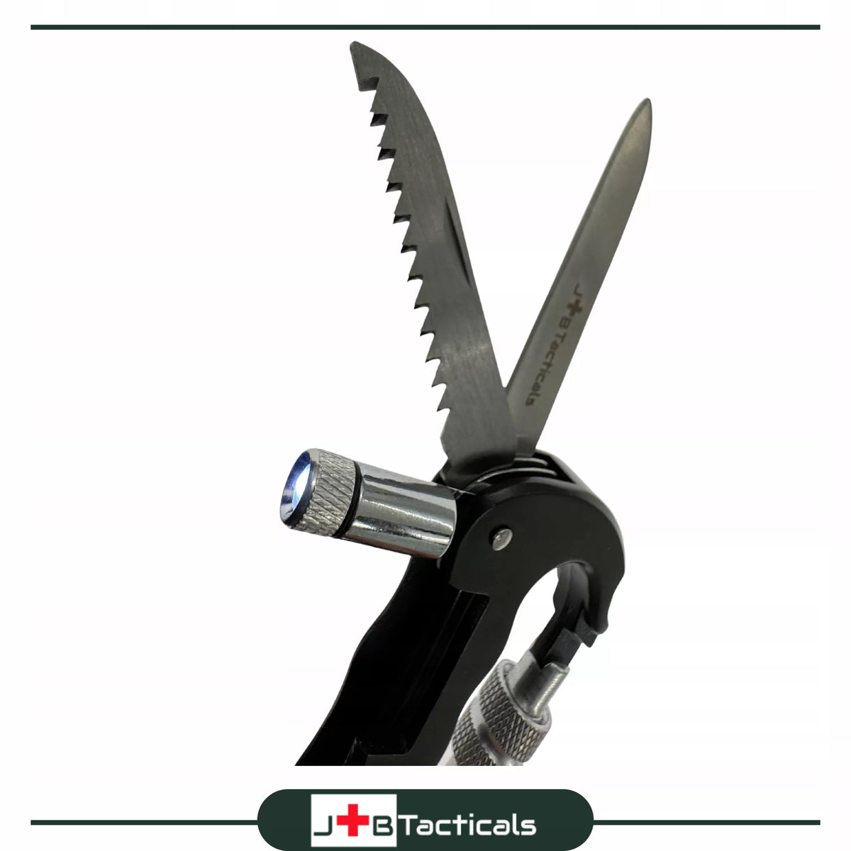 Daugiafunkcinis karabinas su peiliu, pjūklu, žibintuvėliu MULTITOOL 5in1 survivalinis