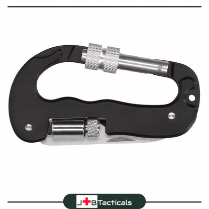 Daugiafunkcinis karabinas su peiliu, pjūklu, žibintuvėliu MULTITOOL 5in1 survivalinis