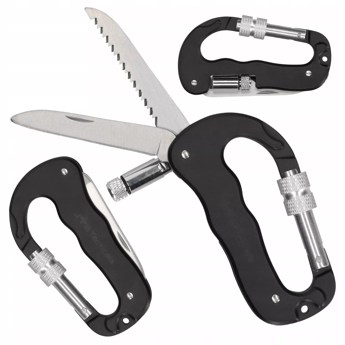 Daugiafunkcinis karabinas su peiliu, pjūklu, žibintuvėliu MULTITOOL 5in1 survivalinis