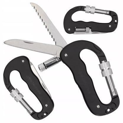 Daugiafunkcinis karabinas su peiliu, pjūklu, žibintuvėliu MULTITOOL 5in1 survivalinis