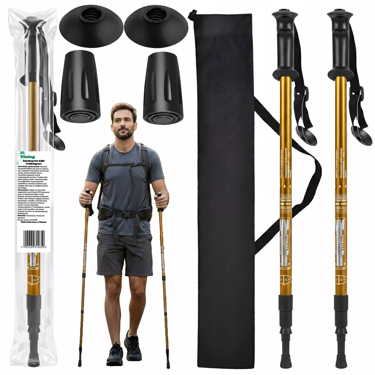 Nordic Walking lazdos, žygiavimo lazdos, sulankstomos, auksinės