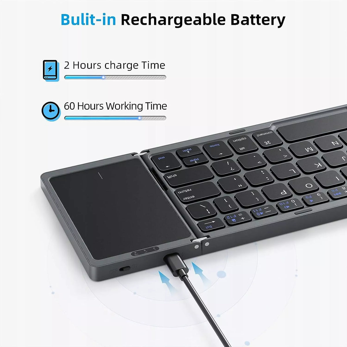 Sulankstoma belaidė „Bluetooth“ klaviatūra su lietimui jautriu skydeliu, QWERTY, tamsiai pilka