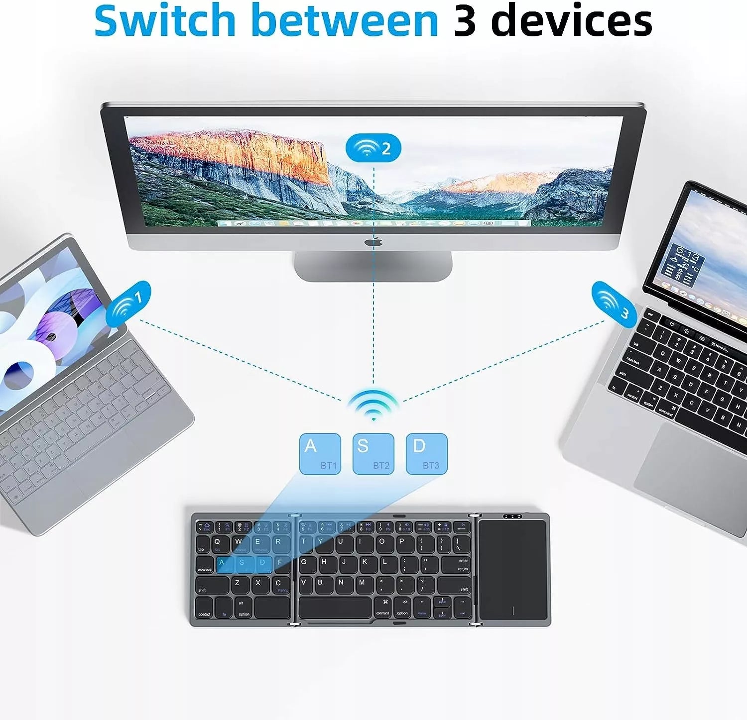 Sulankstoma belaidė „Bluetooth“ klaviatūra su lietimui jautriu skydeliu, QWERTY, tamsiai pilka