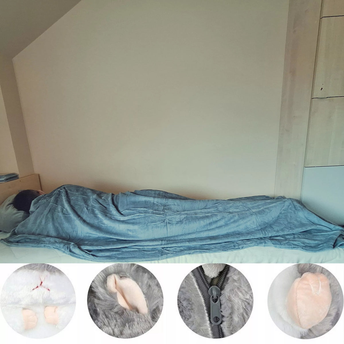 Pilka žiurkėno antklodė 3in1 rinkinys 200cm antklodė pagalvėlė minkštas žaislas 2in1 pliušinis žaislas
