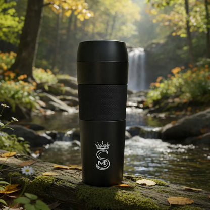 Termo puodelis, turistinis vakuuminis termosas, sandarus, plieninis, 450 ml, juodas