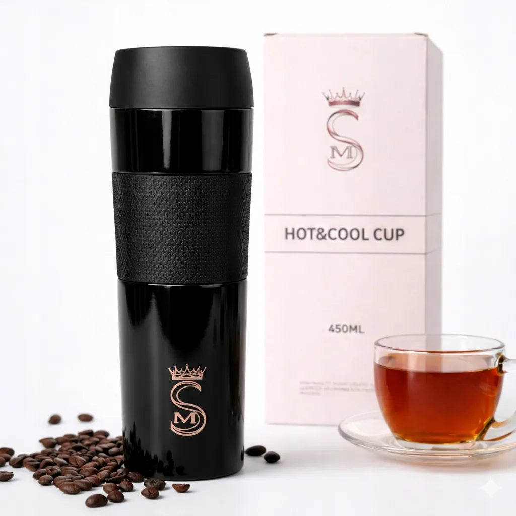 Termo puodelis, turistinis vakuuminis termosas, sandarus, plieninis, 450 ml, juodas