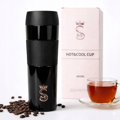 Termo puodelis, turistinis vakuuminis termosas, sandarus, plieninis, 450 ml, juodas