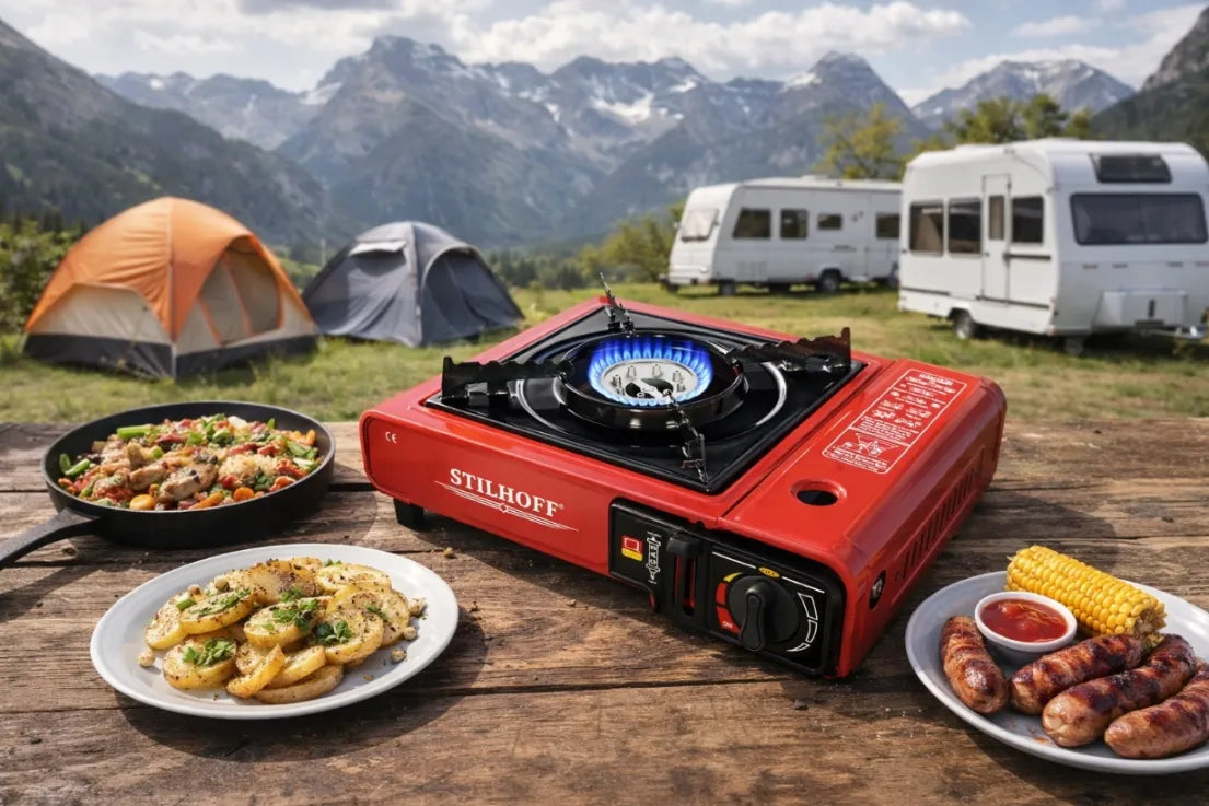 Turistinė viryklė STILHOFF 1 degiklio, skirta kasetėms, raudona + lagaminas