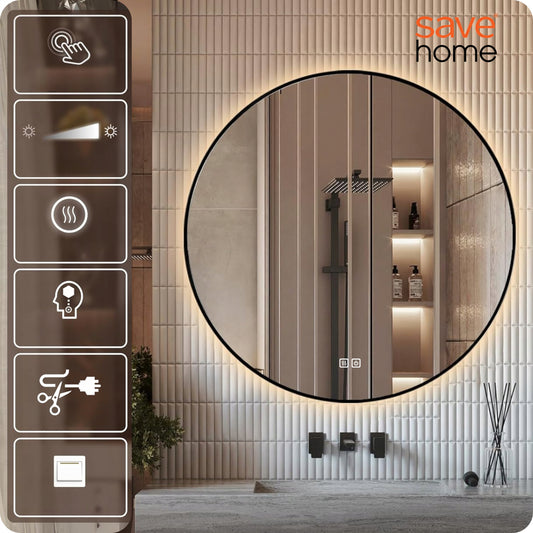 LED Vannas istabas Spogulis 60 cm – Apaļš, Melns Metāla Rāmis, Loft Stila Premium