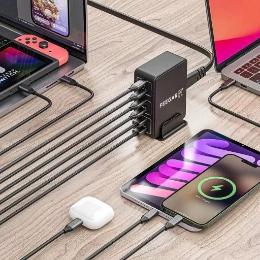 Greitai įkraunanti Feegar Tower PRO 140W tinklo įkroviklis 6x USB Tipas C USB-C QC 3.0
