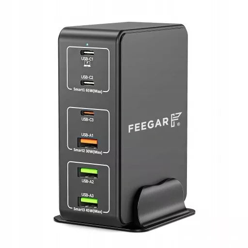 Greitai įkraunanti Feegar Tower PRO 140W tinklo įkroviklis 6x USB Tipas C USB-C QC 3.0
